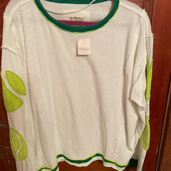 Free People Cream Sweater with Lime Green Tennis Ball Patch Details - Picture 5 of 9